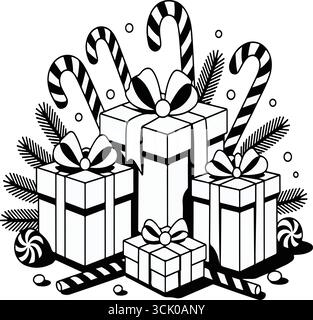 Black and white Christmas gift boxes with candy canes Stock Vector
