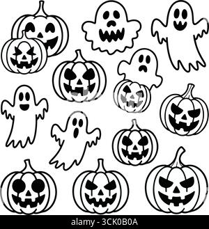 Black and white Halloween pumpkins and ghost icons Stock Vector