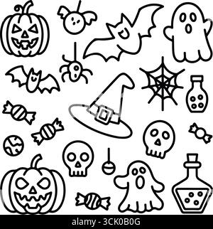 Black and white Halloween set with pumpkins, ghosts, bats, spiders, and potion bottles Stock Vector