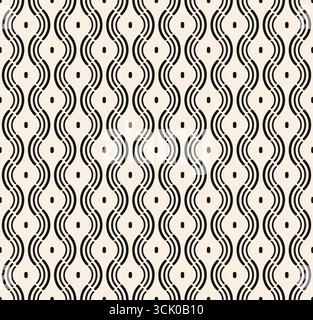 Seamless wavy pattern of lines. Black thin line pigtails white dots seamless pattern on beige background. White modern vintage pattern. Vector illustr Stock Vector