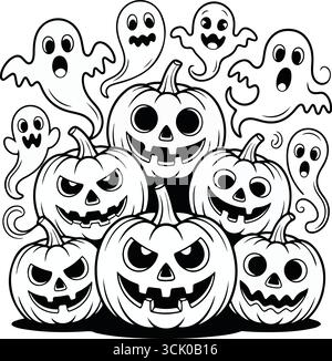 Black and white Halloween pumpkins and ghost icons Stock Vector