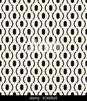 Seamless thin line wavy pattern. Black line pigtails with ovals seamless pattern on beige background. White modern vintage pattern. Vector illustratio Stock Vector