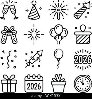 New Year party icons with balloons, fireworks, gifts, and calendars Stock Vector