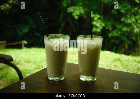 Two glasses of nutritious and healthy soy milk or susu kacang kedelai Stock Photo