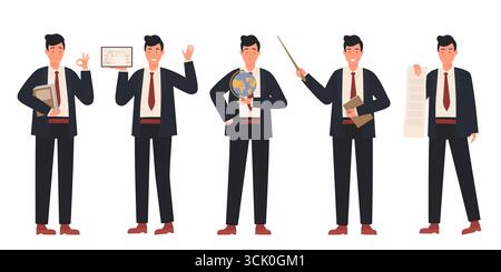 Male teacher in suit showing different teaching and presentation gestures, holding books, diploma, globe, pointer, and paper, perfect for education and training concepts isolated on white background vector illustration Stock Vector