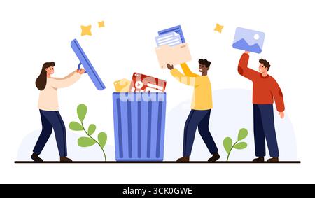 Group of people throwing documents, images, and media files into a trash bin symbolizing file deletion, data cleanup, and digital organization isolated on white background vector illustration Stock Vector