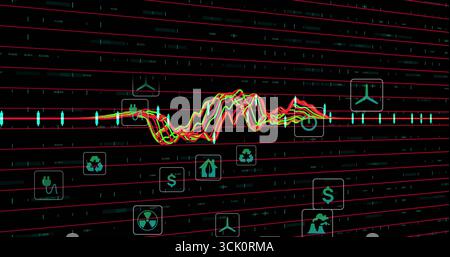 Displaying multi-colored waveform graph on dashboard, with energy, recycling and economic icons Stock Photo