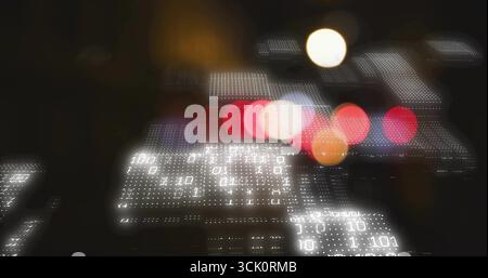 Floating binary code panels illuminating dark cyberspace, with red orange white bokeh circles Stock Photo