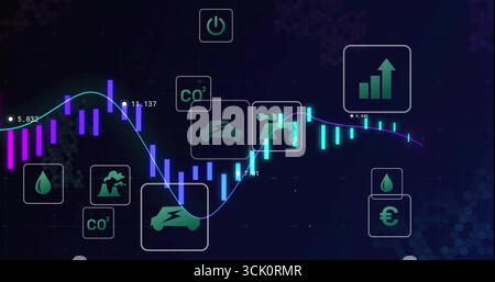 Displaying glowing bar and line chart on digital dashboard interface, with icon overlays Stock Photo