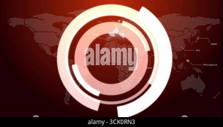 HUD rings spinning on red displaying dotted map markers labeling Spain India Chi Japan Philippine Stock Photo
