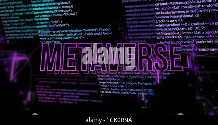 Hovering purple METAVERSE text in void, with white code, purple network lines and particle effects Stock Photo