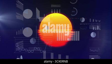 Displaying sun disc reflecting on water horizon on screen, data panels, charts and progress rings Stock Photo