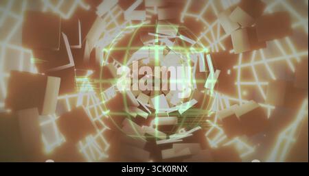 Rotating panels forming fractured wireframe sphere inside glowing grid tunnel, with floating cubes Stock Photo
