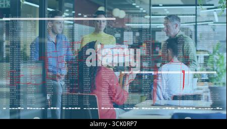 Collaborating group of five professionals discussing 3D schematic in office, with tablet, notebook Stock Photo