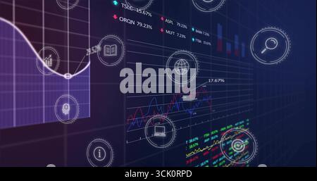 Displaying central line chart at virtual dashboard with circular icons and percentage indicators Stock Photo