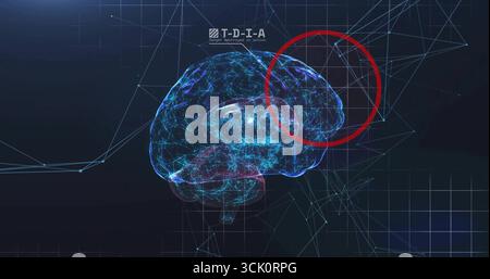 Floating wireframe brain on UI showing triangular mesh or grid highlighting red hemisphere, TDIA lab Stock Photo