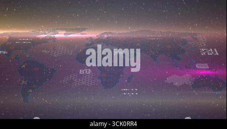 Displaying world map overlaying glowing hex grid in starfield, with data clusters and warning icons Stock Photo