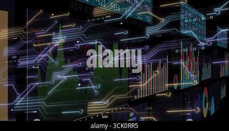 Floating translucent panels showing charts and arrows with tickers and neon lines on grid backdrop Stock Photo
