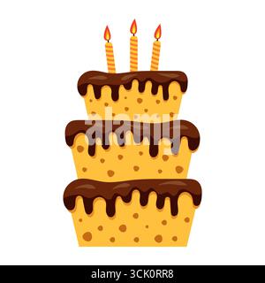 Three-Tier Birthday Cake with Chocolate Glaze and Candles. Perfect for birthday invitations, greeting cards, celebration posters, party decorations. Stock Vector