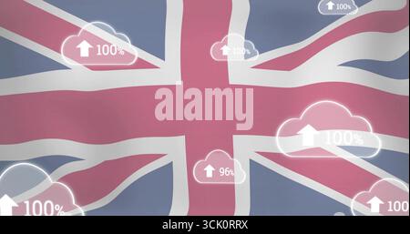 Displaying Union Jack flag uploading data in digital graphic with cloud icons and percentage labels Stock Photo