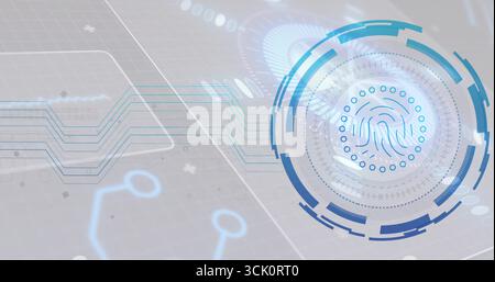 Circular HUD fingerprint scanner displaying in user interface, circuit grid, copy space Stock Photo