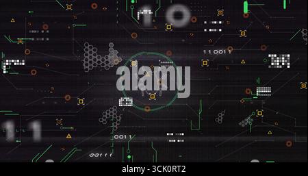 Highlighting bug icon pulsing within green scan indicator on grid, with binary code fragments Stock Photo