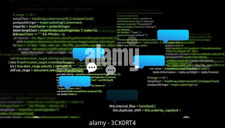 Displaying bright blue chat bubbles floating over code interface, with three-dot typing indicator Stock Photo