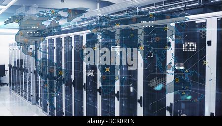 Showing cabinets with network racks and patch cabling overhead in data center digital map overlay Stock Photo