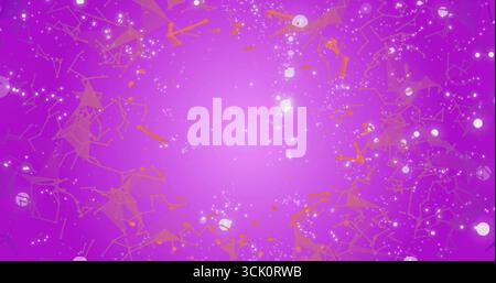 Displaying digital network in purple-pink gradient with central glow, particles and golden facets Stock Photo