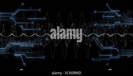 Presenting central white sinusoidal waveform across interface, with glowing blue circuit nodes Stock Photo