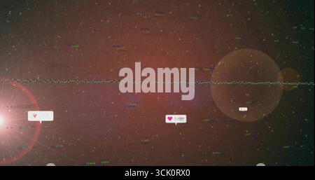 Floating speech-bubble label displaying pink heart count in red space with lens flare and glitch Stock Photo