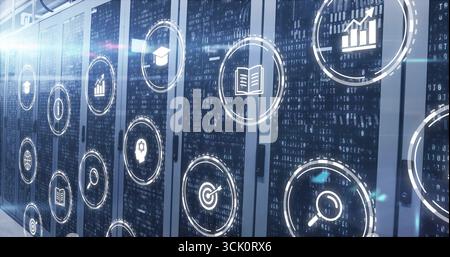 Showing server racks streaming binary code in data center, displaying floating analytics icons Stock Photo