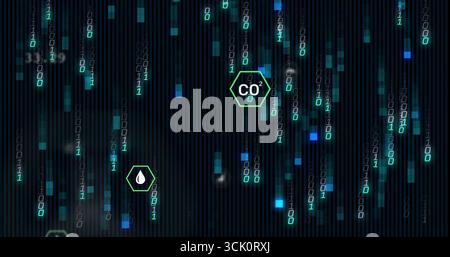 Displaying CO? and water hexagons drifting over data interface with binary streams glowing pixels Stock Photo