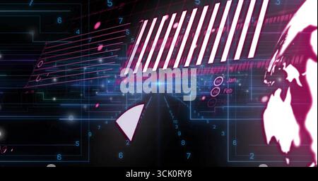 Displaying digital interface on glowing grid, with bar-chart stripes, triangle and pink globe Stock Photo