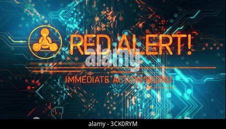 Displaying bold orange text overlay on alert display, with neon traces and glowing nodes Stock Photo