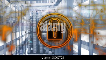 Displaying orange padlock icon with network node lines hovering in data center, with server racks Stock Photo