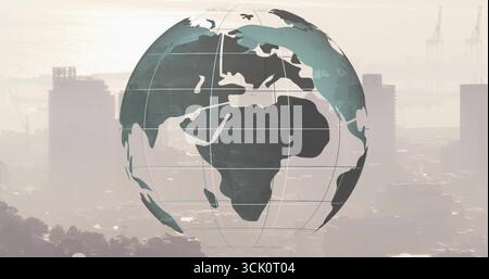 Floating 3D globe drifting above misty urban port skyline, with grid lines and world map overlay Stock Photo
