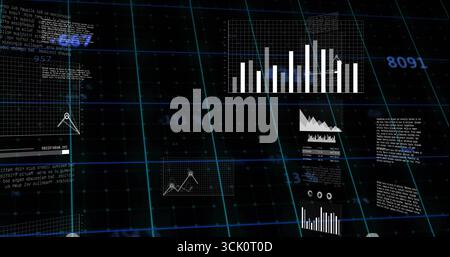 Displaying floating panels hovering in virtual grid, with charts numeric data code and text blocks Stock Photo