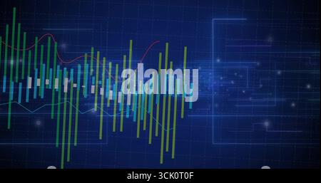 Displaying bar chart fluctuating on virtual blue circuit grid, with red and pale green trend lines Stock Photo