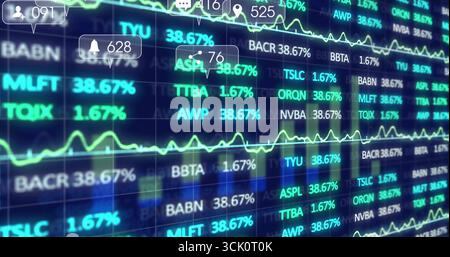 Showing financial dashboard tracking stock tickers and neon graphs, with notification icons Stock Photo