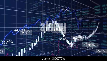 Displaying financial chart featuring candlestick bars and floating callout boxes on trading display Stock Photo