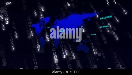 Displaying glowing blue world map on interface with streaming binary code tiles and data labels Stock Photo