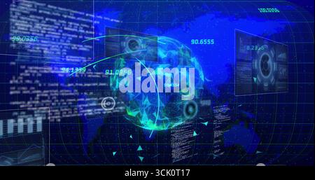 Rotating holographic globe over blue grid map, displaying code, numeric readouts and radar graphics Stock Photo