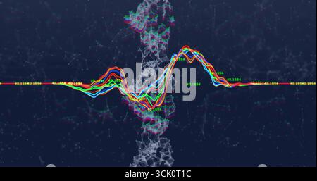 Displaying central node column with colorful waveform flowing on data interface, with green labels Stock Photo