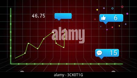 Displaying green jagged line chart glowing against red grid, featuring label 46 Stock Photo