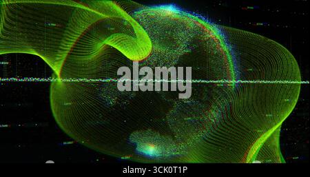 Wireframe globe rotating in digital void, with neon contours waveform, alphanumeric glitch clusters Stock Photo