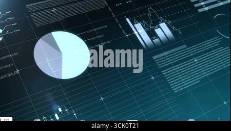 Displaying dashboard projecting data on dark grid surface, with pie, bar, line charts, annotations Stock Photo