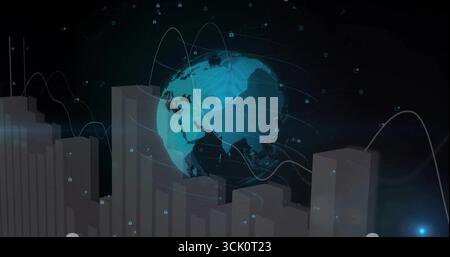 Displaying 3D globe rotating in visualization space, with bar charts, curved lines and lock icons Stock Photo