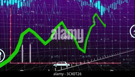 Presenting bright green zigzag trend line rising and falling on trading screen, with neon blue bars Stock Photo