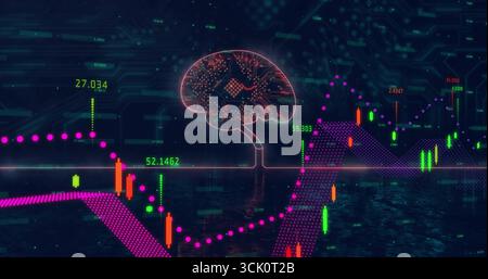 Displaying circuitry brain icon connecting axis in cyberspace, with candlestick bars, numbers Stock Photo